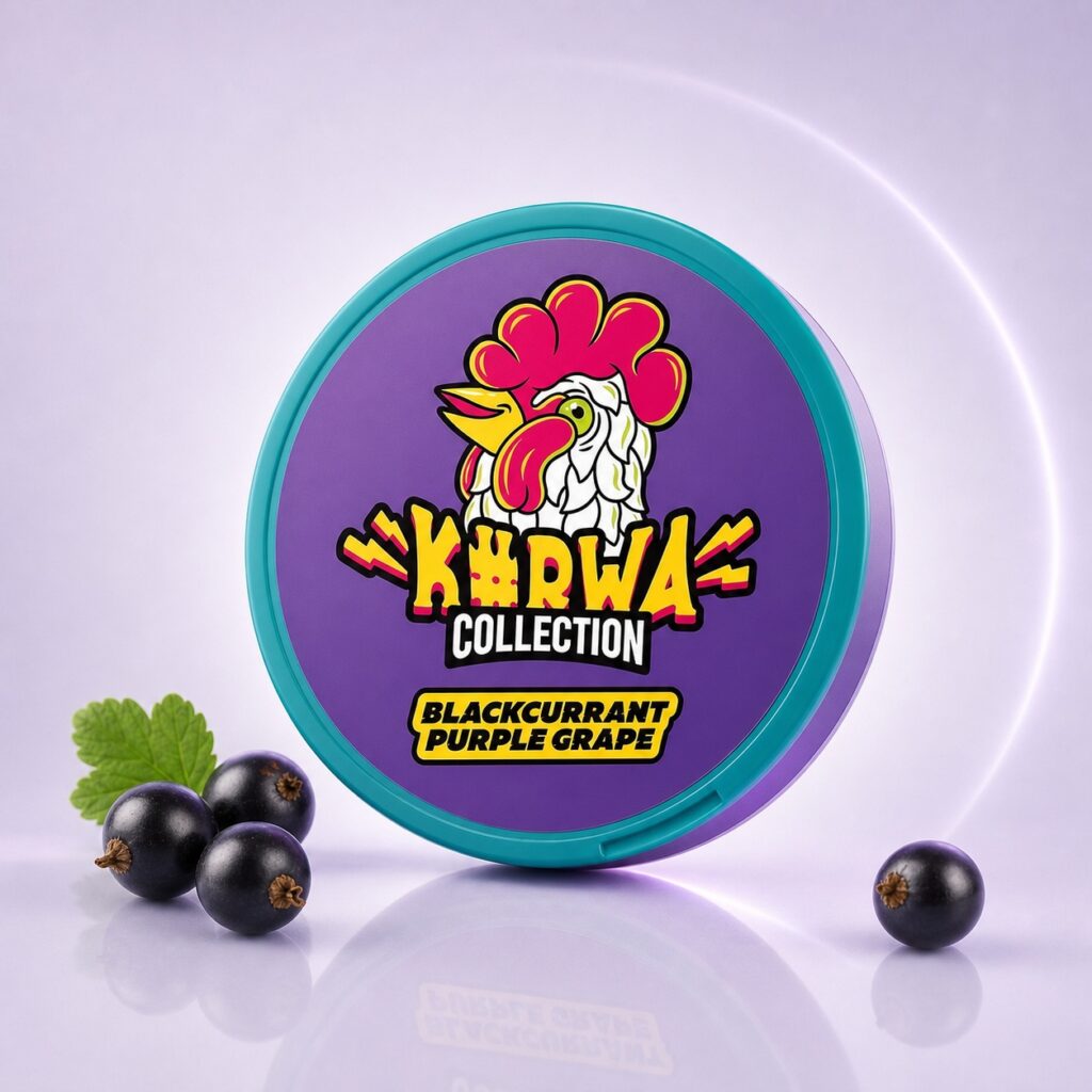 Kurwa Blackcurrant Purple Grape 12.8mg Nicotine Pouches — 12.8mg nicotine per pouch, slim format, 20 pouches