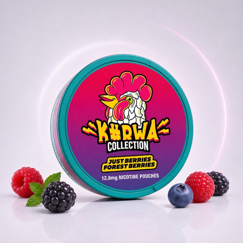 Kurwa Just Berries Forest Berries 12.8mg Nicotine Pouches — 12.8mg nicotine per pouch, slim format, 20 pouches
