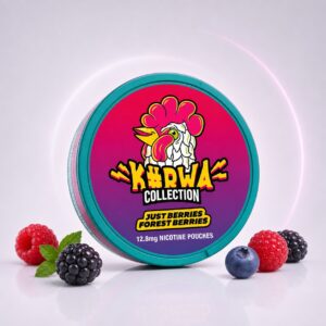 Kurwa Just Berries Forest Berries 12.8mg Nicotine Pouches — 12.8mg nicotine per pouch, slim format, 20 pouches