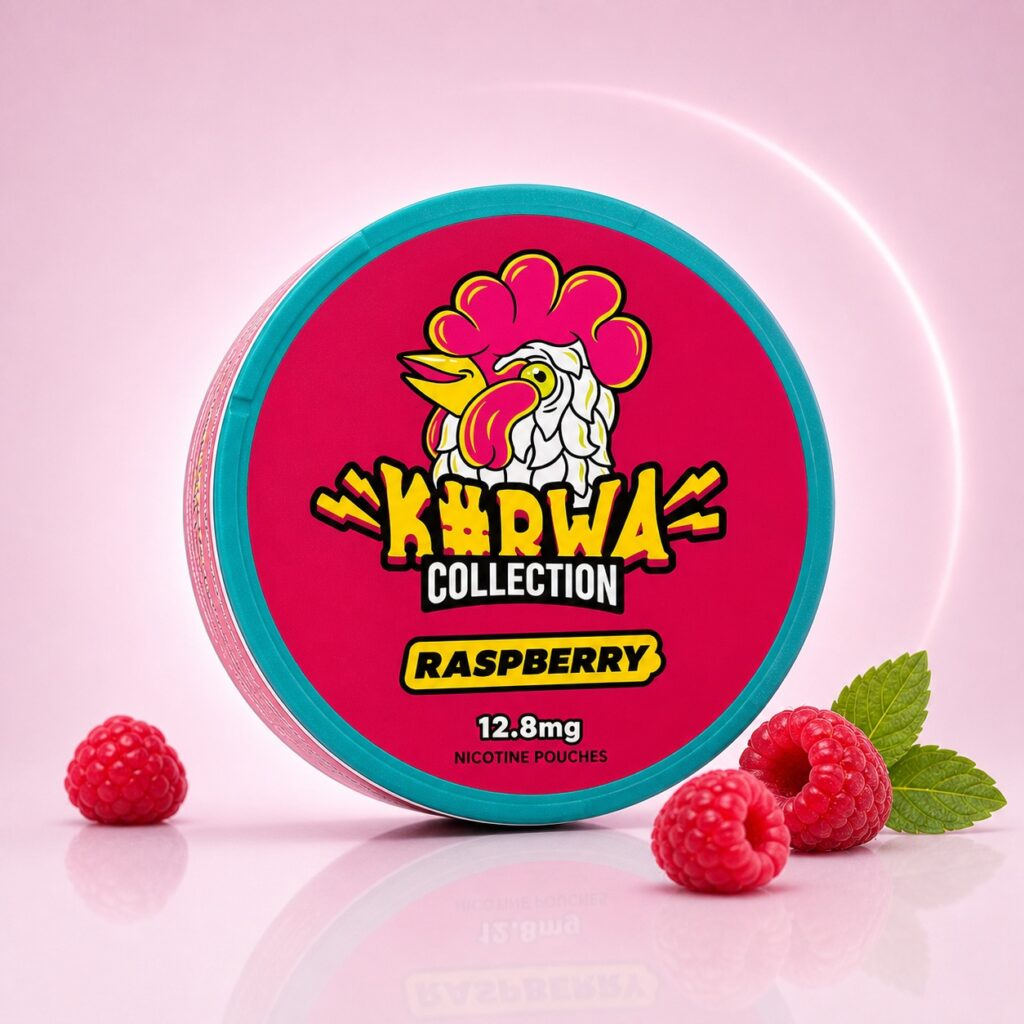 Kurwa Raspberry Strawberry 12.8mg Nicotine Pouches — 12.8mg nicotine per pouch, slim format, 20 pouches