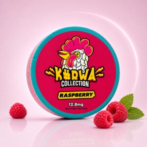 Kurwa Raspberry Strawberry 12.8mg Nicotine Pouches — 12.8mg nicotine per pouch, slim format, 20 pouches