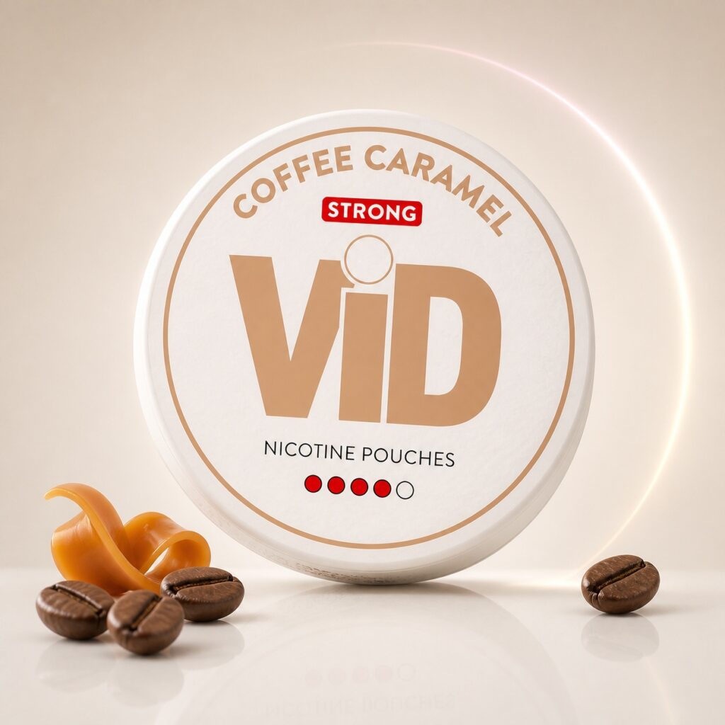 ViD Coffee Caramel 8mg Nicotine Pouches — 8mg nicotine per pouch, slim format, 20 pouches