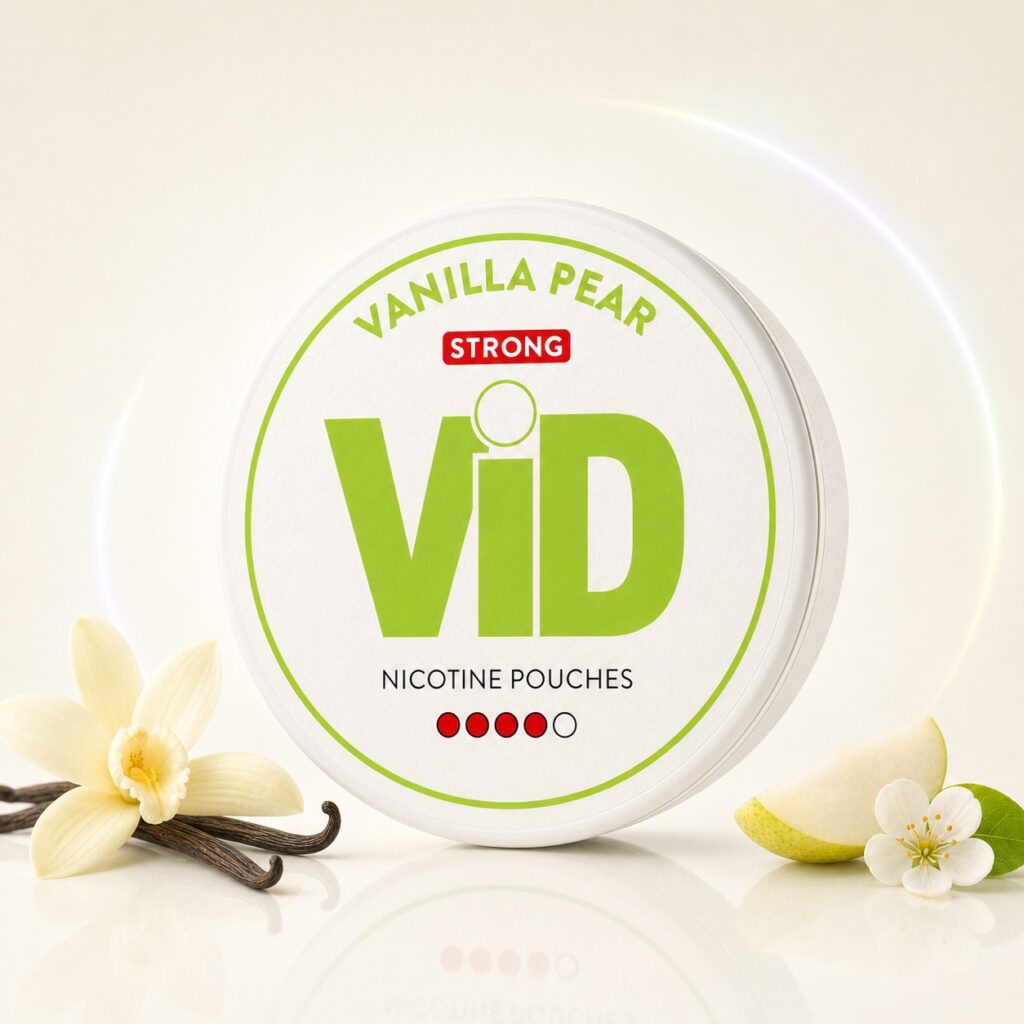 ViD Vanilla Pear 8mg Nicotine Pouches — 8mg nicotine per pouch, slim format, 20 pouches