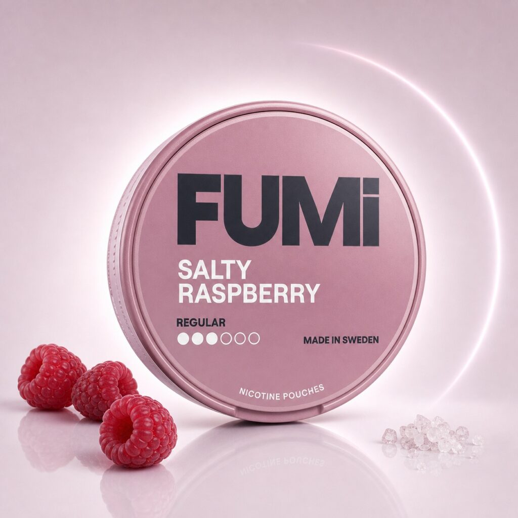 FUMi Salty Raspberry 4mg Nicotine Pouches — 4mg nicotine per pouch, slim format, 20 pouches