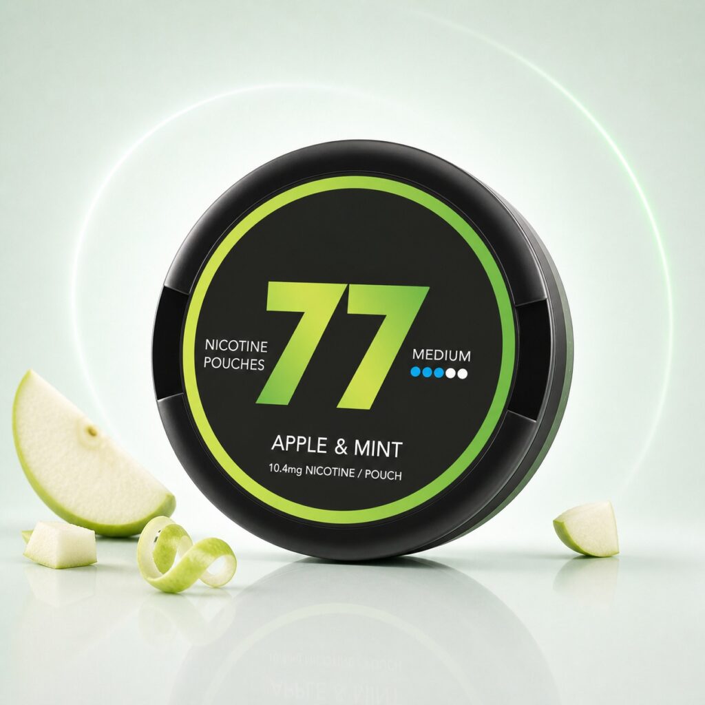 77 Apple & Mint 10.4mg Nicotine Pouches — 10.4mg nicotine per pouch, slim format, 20 pouches