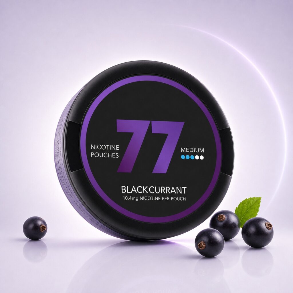 77 Black Currant 10.4mg Nicotine Pouches — 10.4mg nicotine per pouch, slim format, 20 pouches