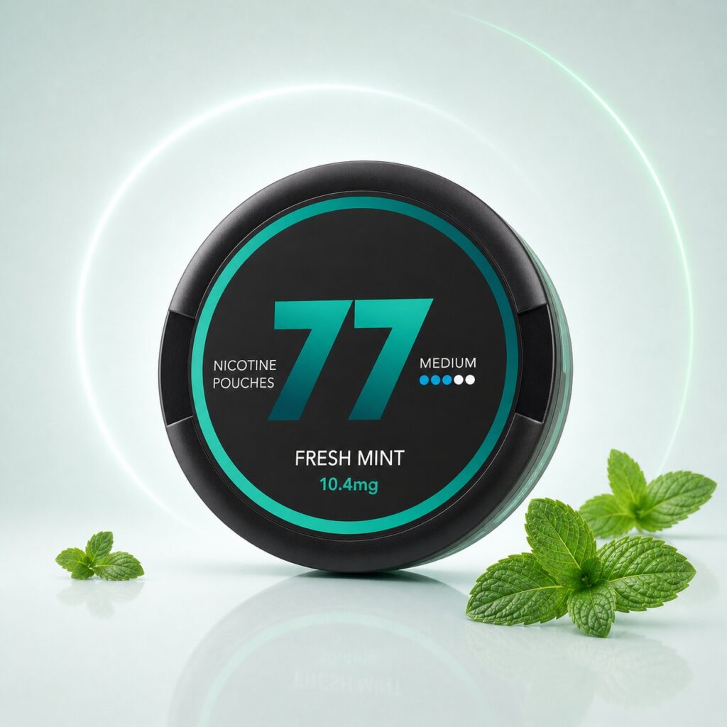 77 Fresh Mint 10.4mg Nicotine Pouches — 10.4mg nicotine per pouch, slim format, 20 pouches