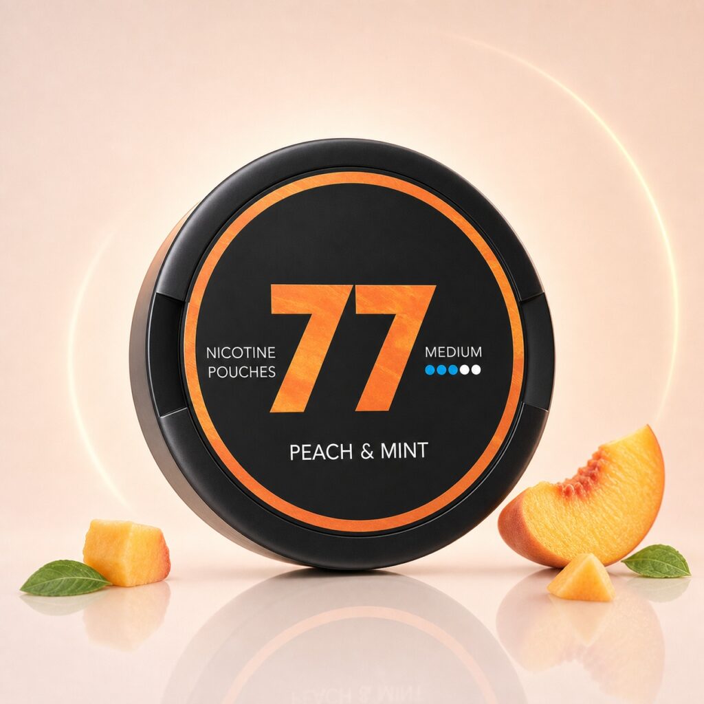 77 Peach & Mint 10.4mg Nicotine Pouches — 10.4mg nicotine per pouch, slim format, 20 pouches