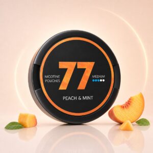 77 Peach & Mint 10.4mg Nicotine Pouches — 10.4mg nicotine per pouch, slim format, 20 pouches