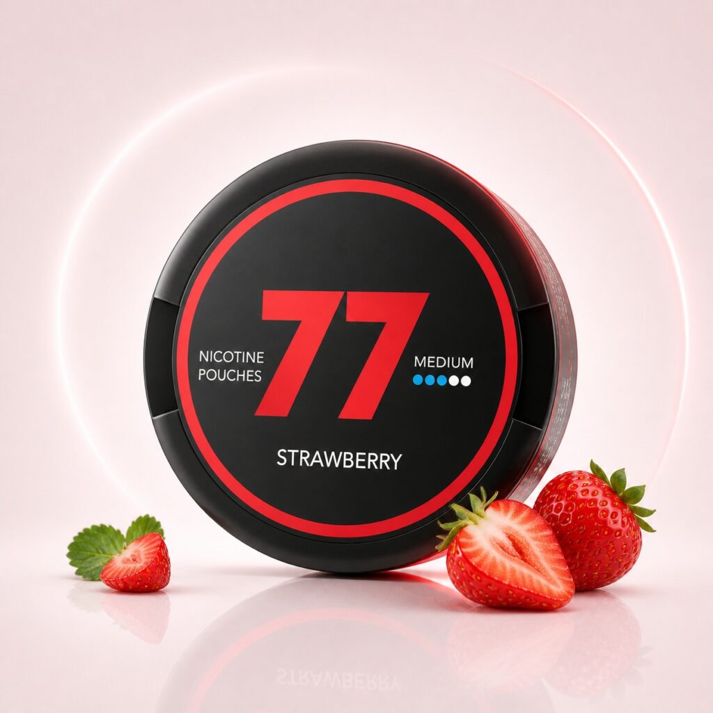 77 Strawberry 10.4mg Nicotine Pouches — 10.4mg nicotine per pouch, slim format, 20 pouches