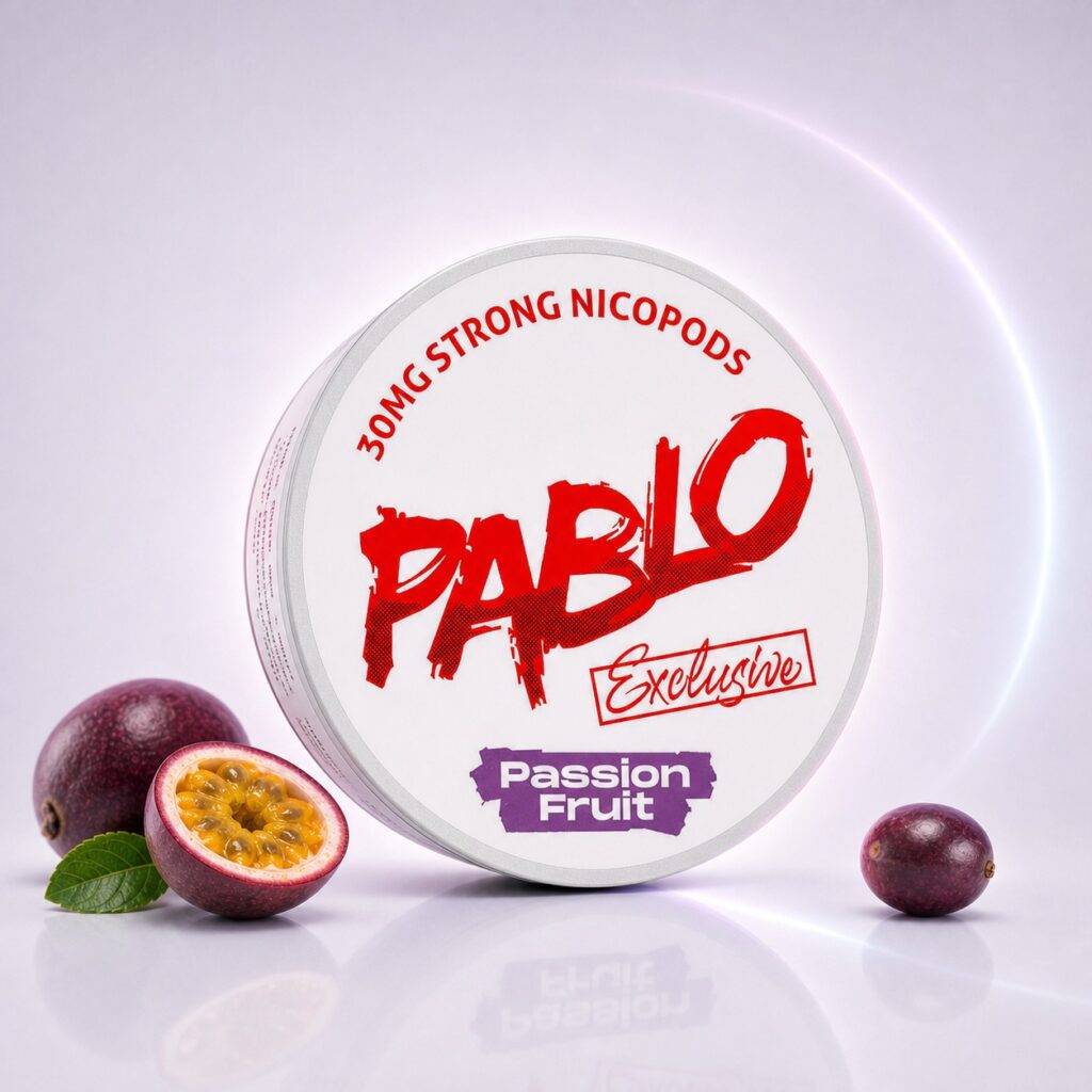 Pablo Passion Fruit 30mg Nicotine Pouches — 30mg nicotine per pouch, slim format, 20 pouches