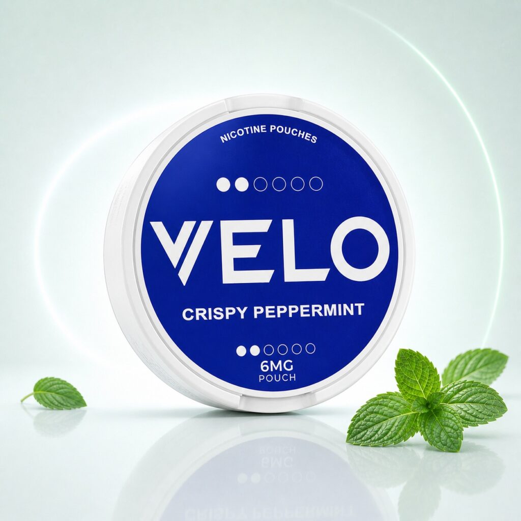 Velo Crispy Peppermint 6mg Nicotine Pouches — 6mg nicotine per pouch, slim format, 20 pouches