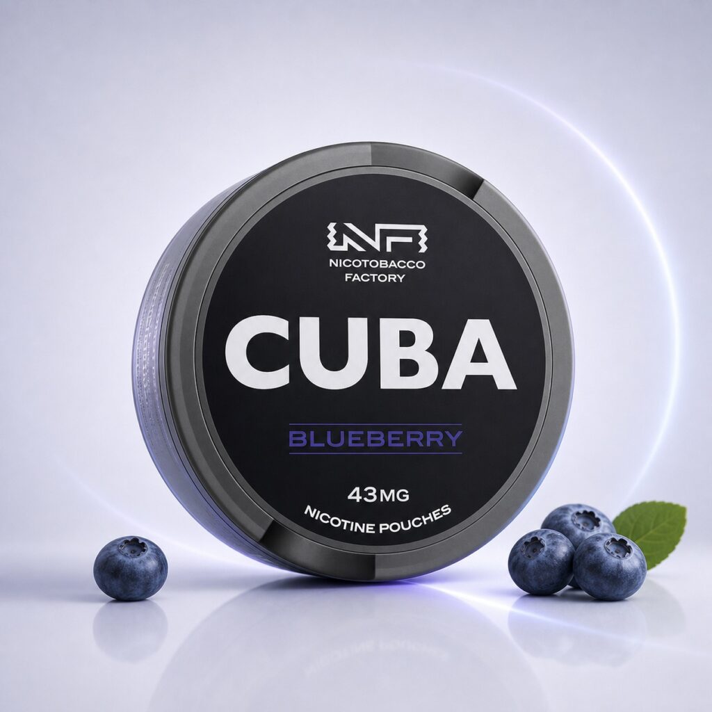 Cuba Blueberry 43mg Nicotine Pouches — 43mg nicotine per pouch, slim format, 20 pouches