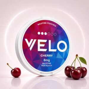 Velo Icy Cherry 8mg Nicotine Pouches — 8mg nicotine per pouch, slim format, 20 pouches