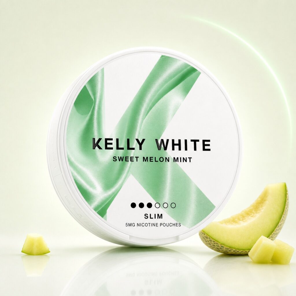 Kelly White Sweet Melon Mint 5mg Nicotine Pouches — 5mg nicotine per pouch, slim format, 20 pouches