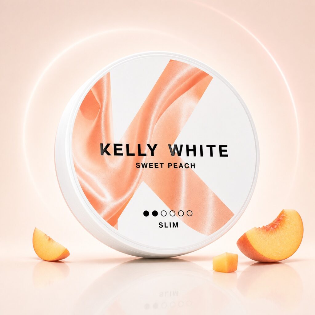 Kelly White Sweet Peach 4mg Nicotine Pouches — 4mg nicotine per pouch, slim format, 20 pouches