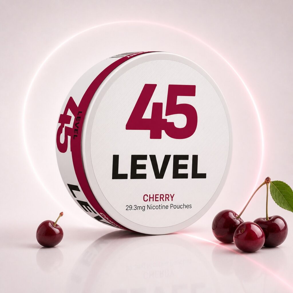 Level Cherry 29.3mg Nicotine Pouches — 29.3mg nicotine per pouch, slim format, 20 pouches