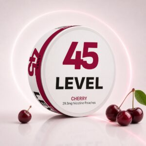 Level Cherry 29.3mg Nicotine Pouches — 29.3mg nicotine per pouch, slim format, 20 pouches