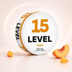 Level Peach 9.8mg Nicotine Pouches — 9.8mg nicotine per pouch, slim format, 20 pouches