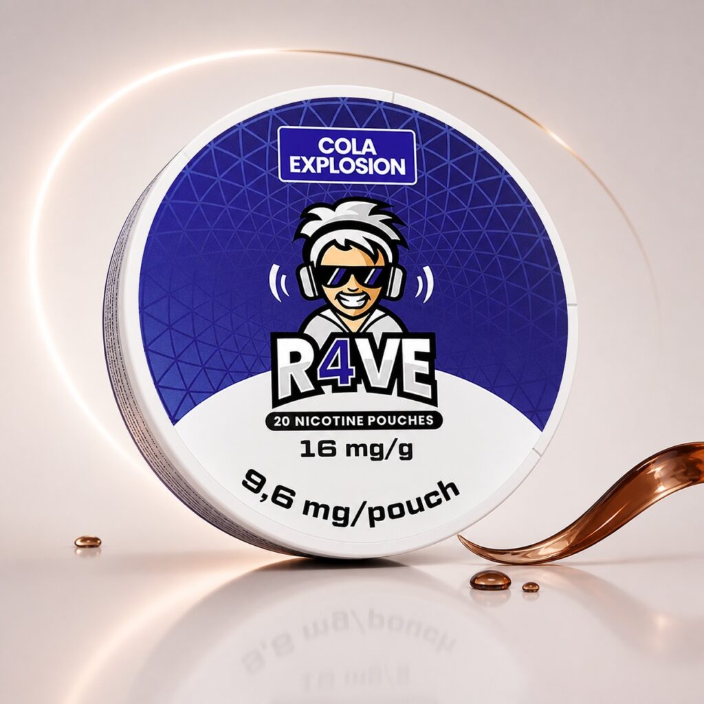Rave Cola Explosion 9.6mg Nicotine Pouches — 9.6mg nicotine per pouch, slim format, 20 pouches