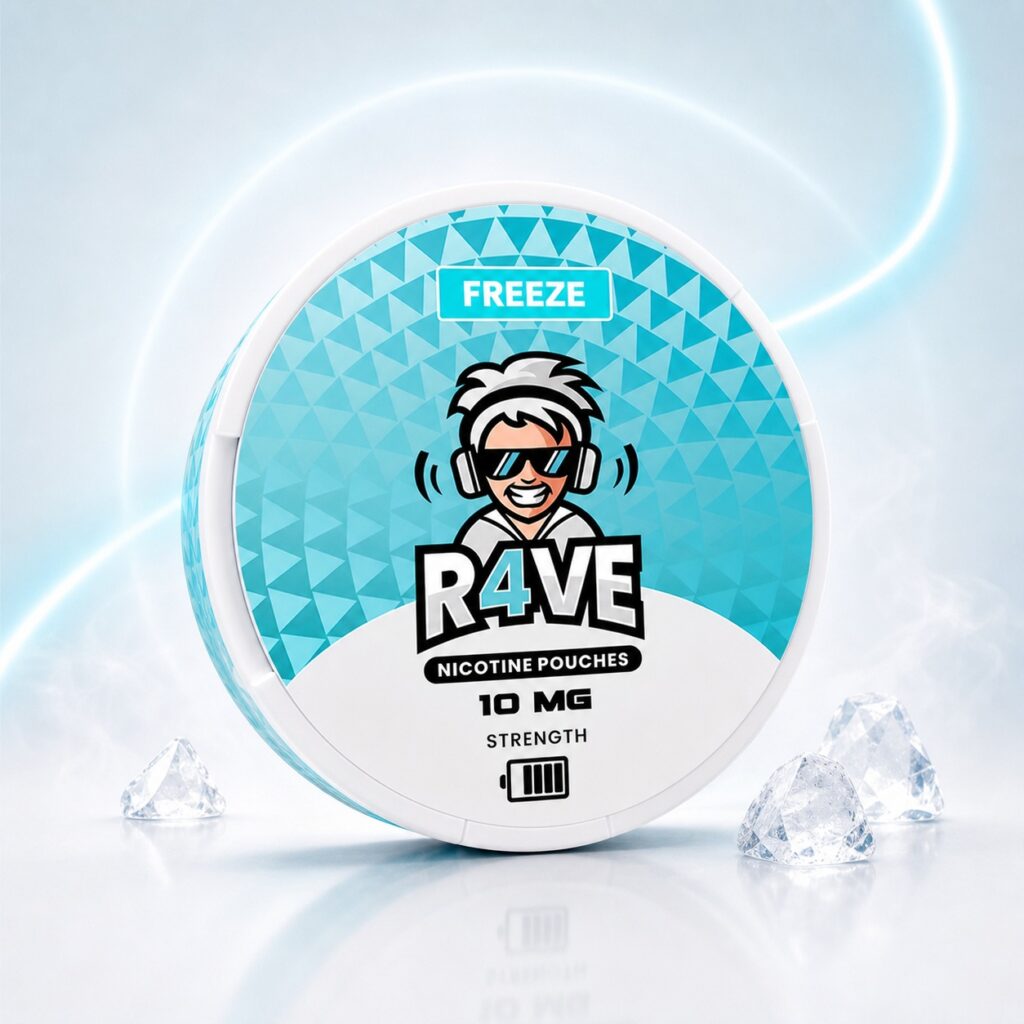 Rave Freeze 10mg Nicotine Pouches — 10mg nicotine per pouch, slim format, 20 pouches