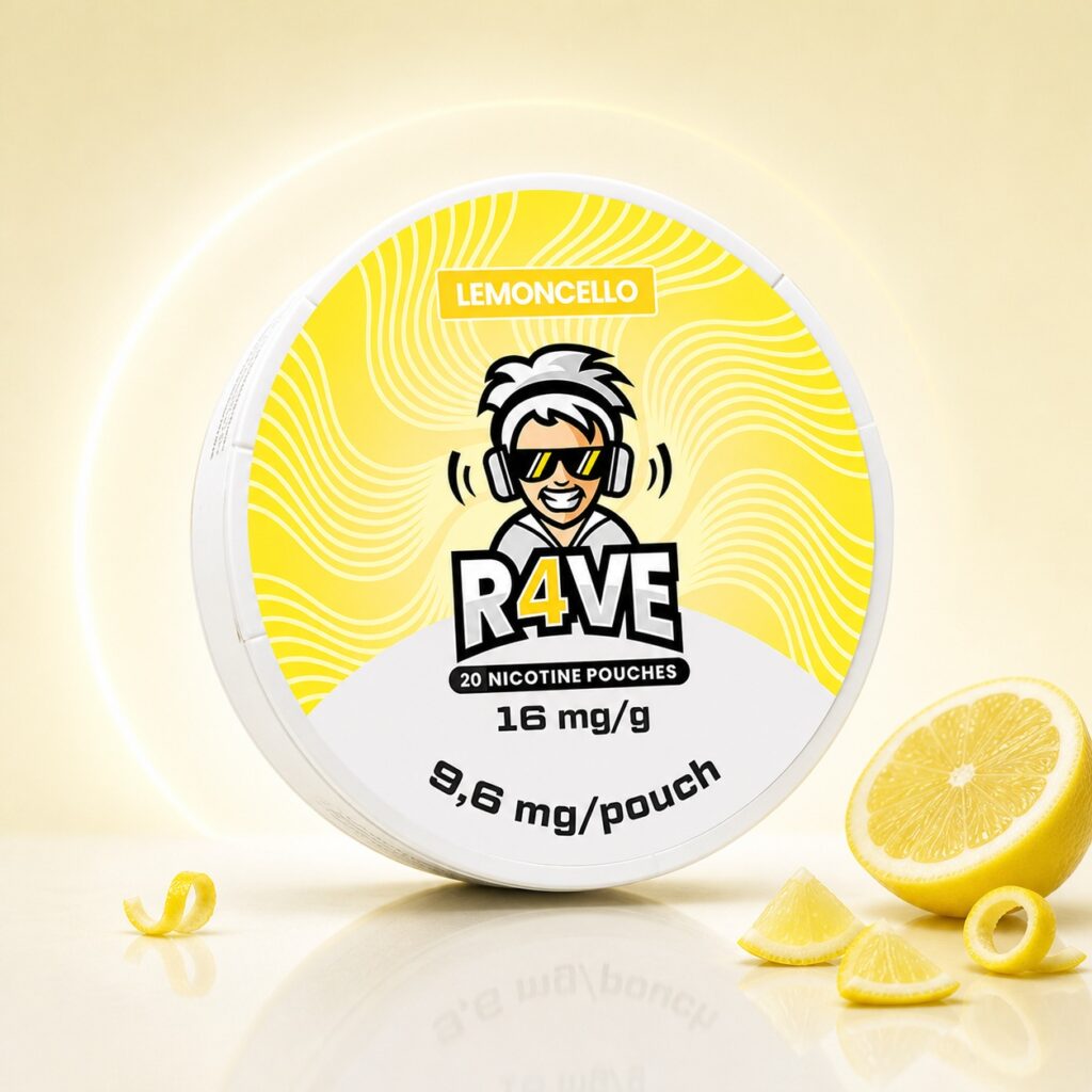 Rave Lemoncello 9.6mg Nicotine Pouches — 9.6mg nicotine per pouch, slim format, 20 pouches