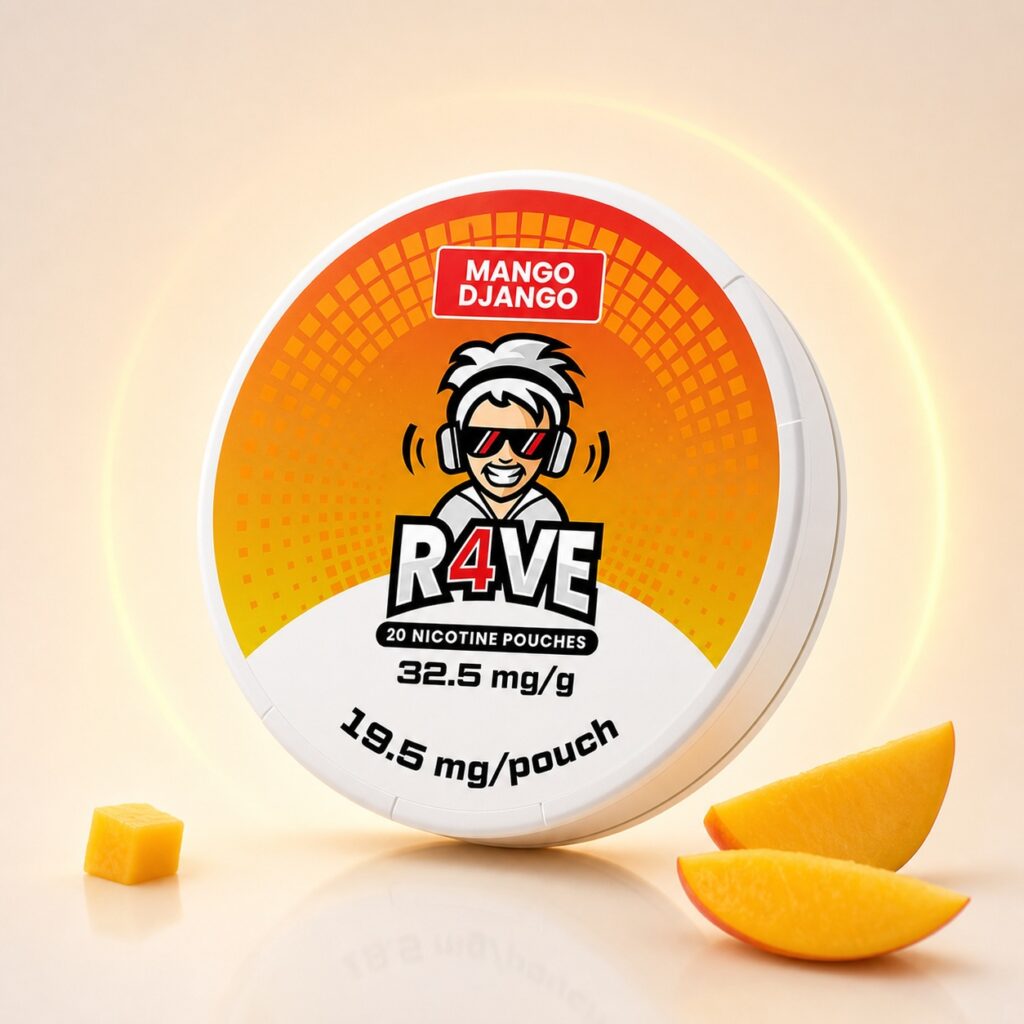 Rave Mango Django 19.5mg Nicotine Pouches — 19.5mg nicotine per pouch, slim format, 20 pouches