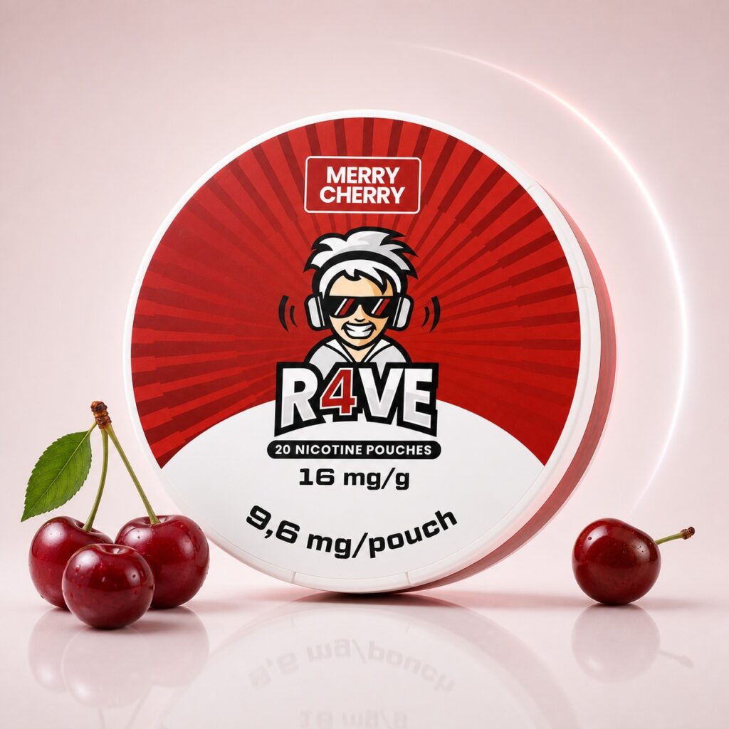Rave Merry Cherry 9.6mg Nicotine Pouches — 9.6mg nicotine per pouch, slim format, 20 pouches