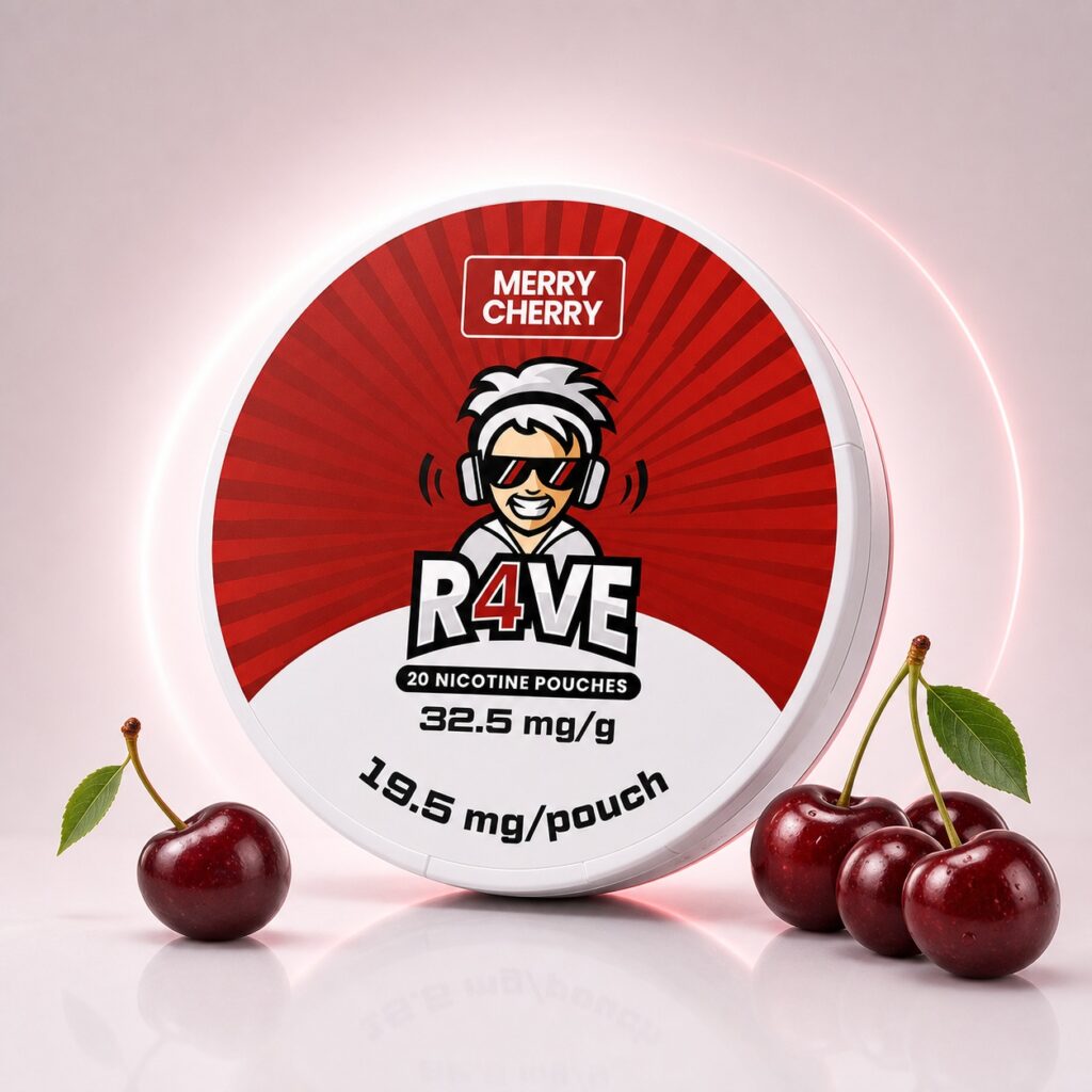 Rave Merry Cherry 19.5mg Nicotine Pouches — 19.5mg nicotine per pouch, slim format, 20 pouches