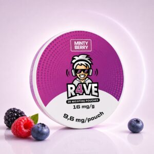 Rave Minty Berry 9.6mg Nicotine Pouches — 9.6mg nicotine per pouch, slim format, 20 pouches