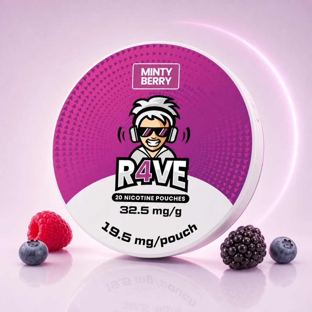 Rave Minty Berry 19.5mg Nicotine Pouches — 19.5mg nicotine per pouch, slim format, 20 pouches