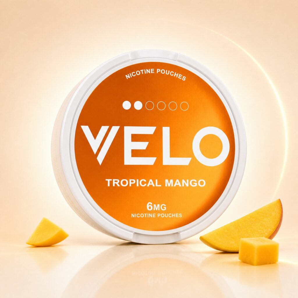 Velo Tropical Mango 6mg Nicotine Pouches — 6mg nicotine per pouch, slim format, 20 pouches