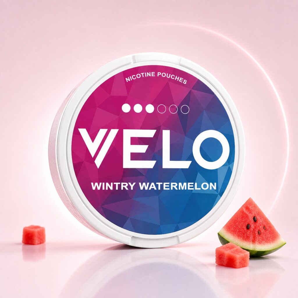 Velo Wintry Watermelon 10mg Nicotine Pouches — 10mg nicotine per pouch, slim format, 20 pouches