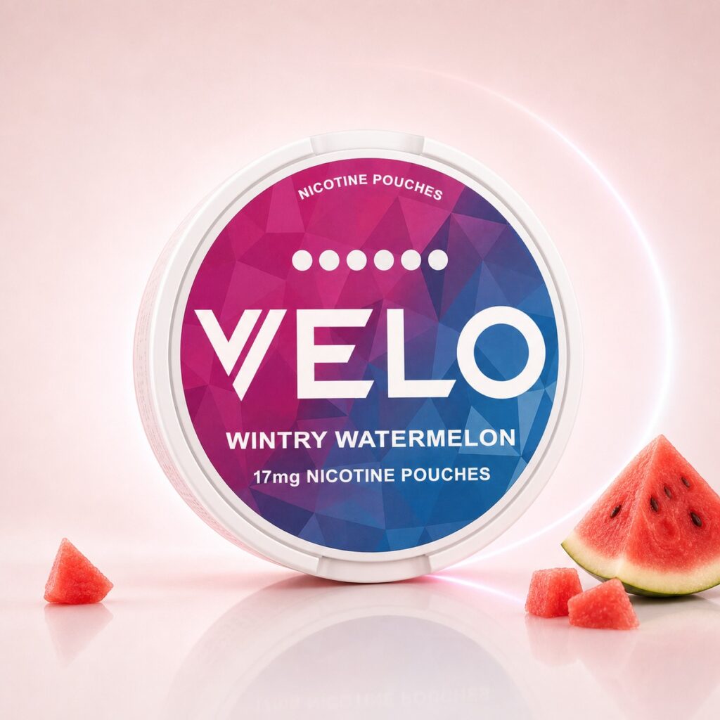 Velo Wintry Watermelon 17mg Nicotine Pouches — 17mg nicotine per pouch, slim format, 20 pouches