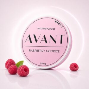 Avant Raspberry Liqorice 7.8mg Nicotine Pouches — 7.8mg nicotine per pouch, slim format, 20 pouches