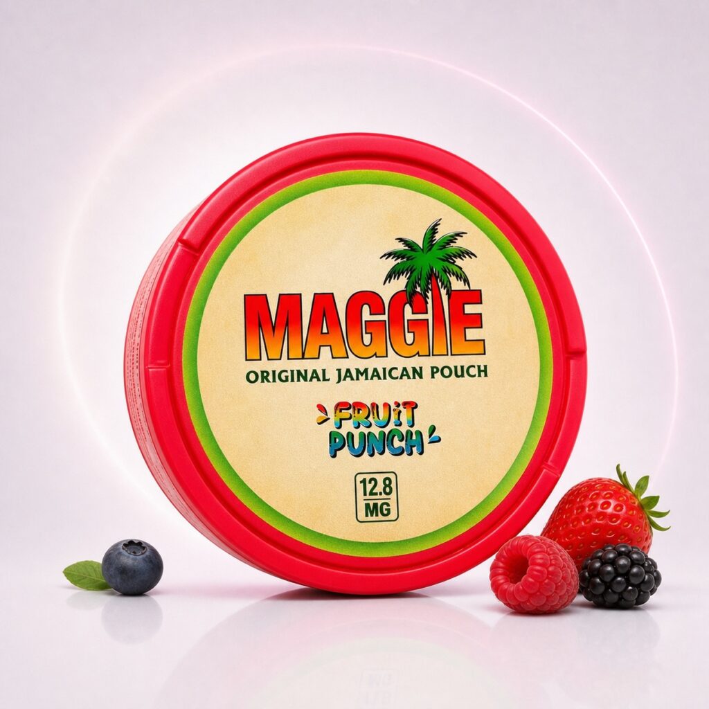 Maggie Fruit Punch 12.8mg Nicotine Pouches — 12.8mg nicotine per pouch, slim format, 20 pouches