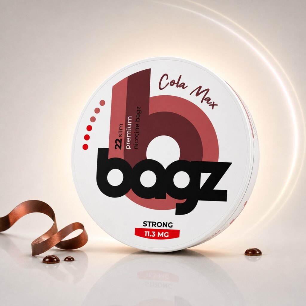 BAGZ Cola Max 11.3mg Nicotine Pouches — 11.3mg nicotine per pouch, slim format, 22 pouches