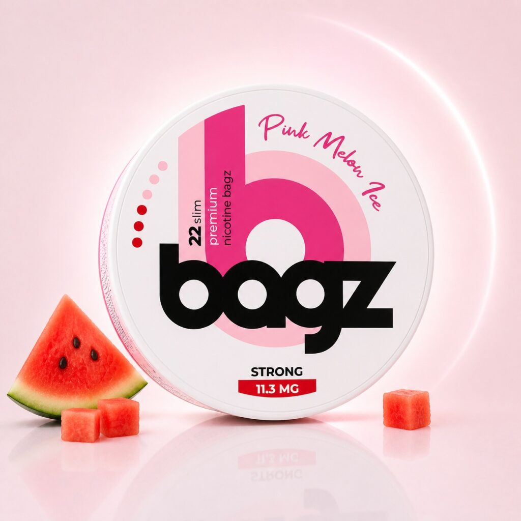 BAGZ Pink Melon Ice 11.3mg Nicotine Pouches — 11.3mg nicotine per pouch, slim format, 22 pouches