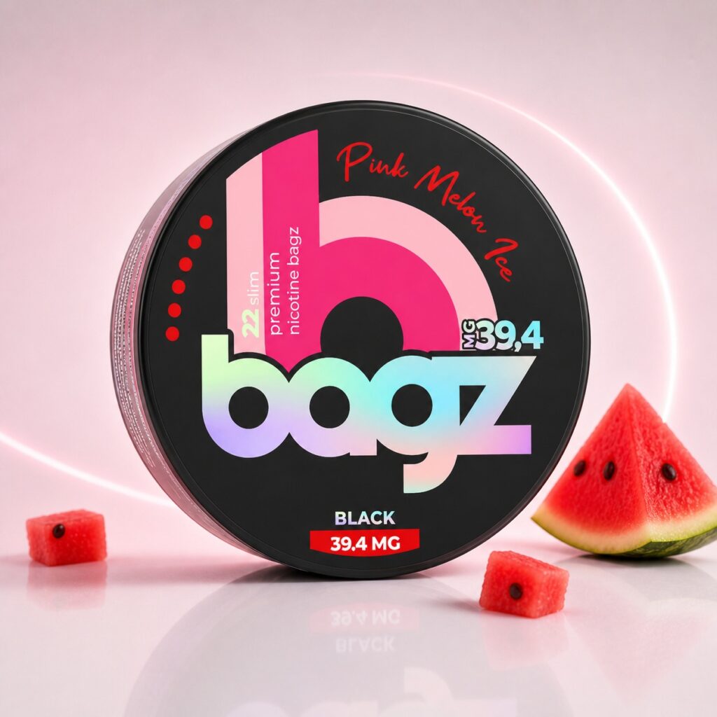 BAGZ Pink Melon Ice 39.4mg Nicotine Pouches — 39.4mg nicotine per pouch, slim format, 22 pouches