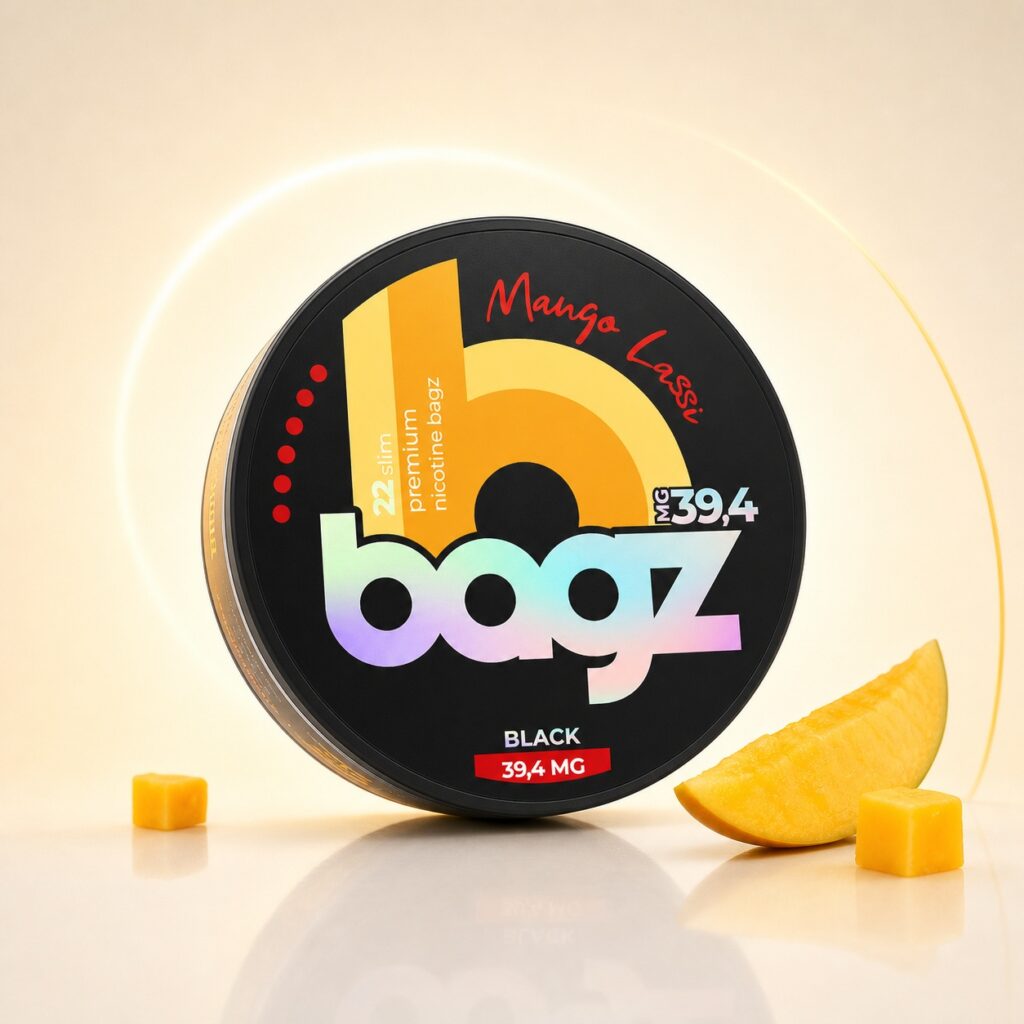BAGZ Mango Lassi 39.4mg Nicotine Pouches — 39.4mg nicotine per pouch, slim format, 22 pouches