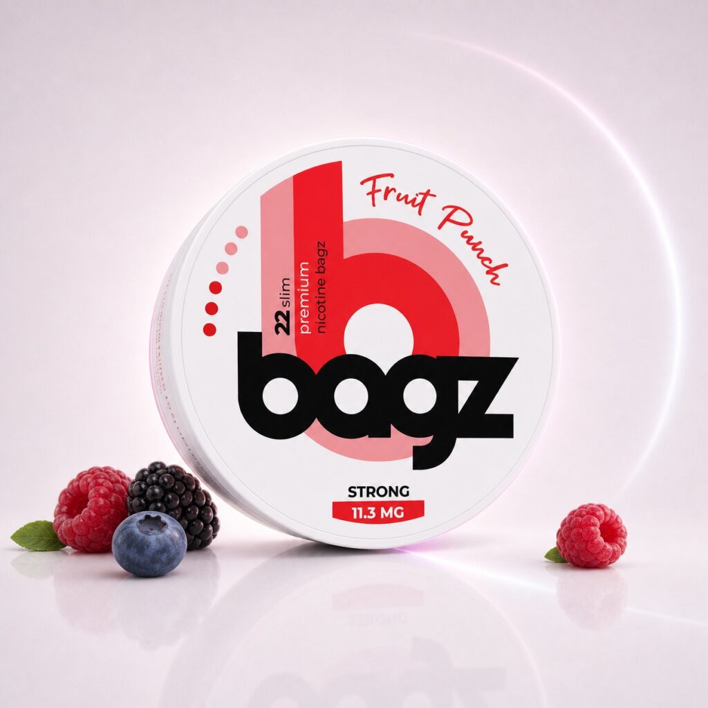 BAGZ Fruit Punch 11.3mg Nicotine Pouches — 11.3mg nicotine per pouch, slim format, 22 pouches