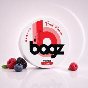 BAGZ Fruit Punch 11.3mg Nicotine Pouches — 11.3mg nicotine per pouch, slim format, 22 pouches