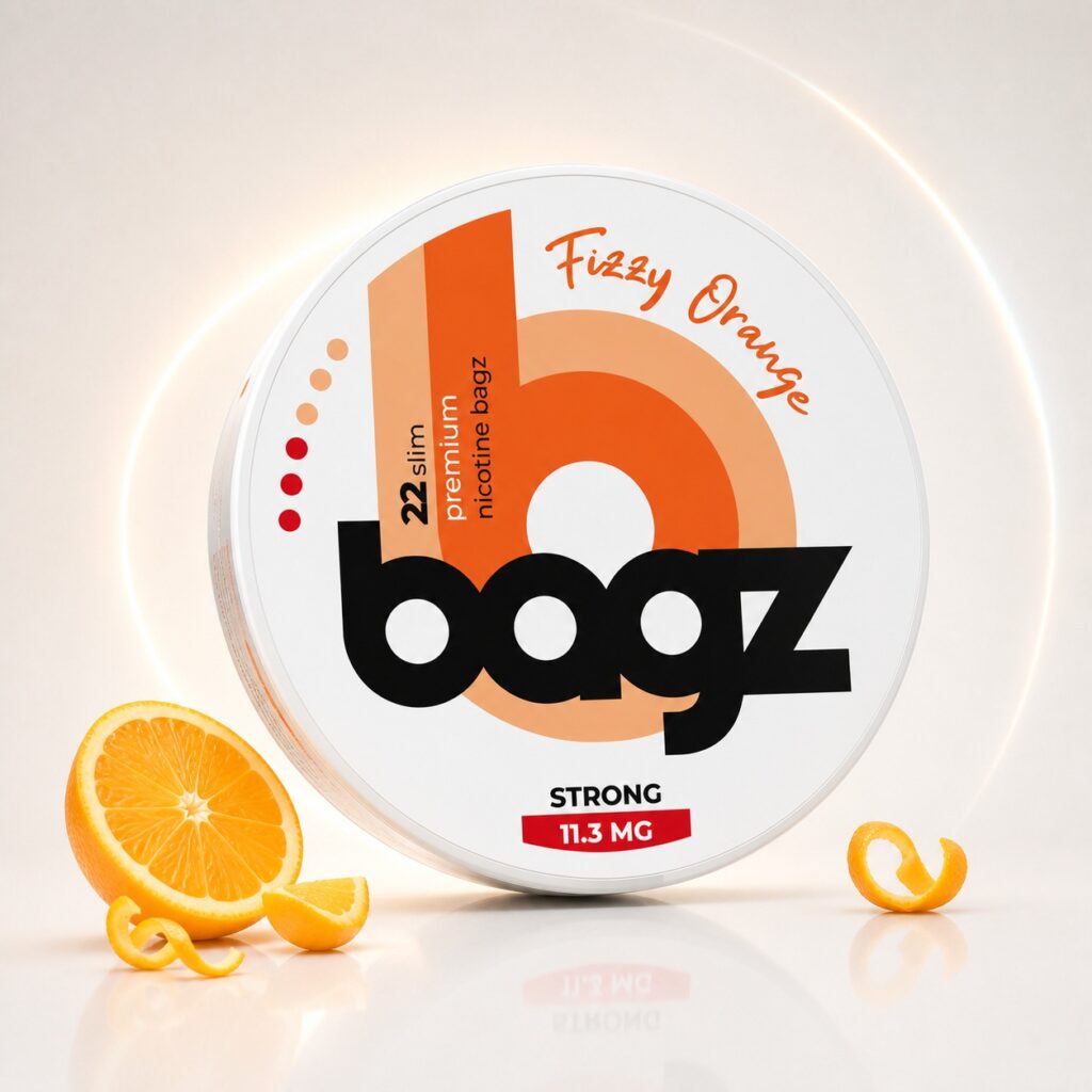 BAGZ Fizzy Orange 11.3mg Nicotine Pouches — 11.3mg nicotine per pouch, slim format, 22 pouches