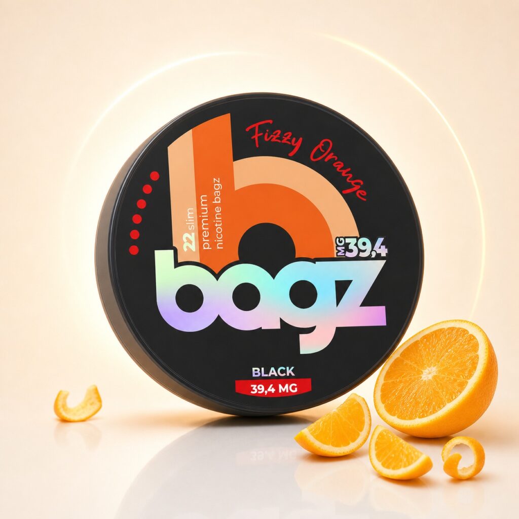 BAGZ Fizzy Orange 39.4mg Nicotine Pouches — 39.4mg nicotine per pouch, slim format, 22 pouches