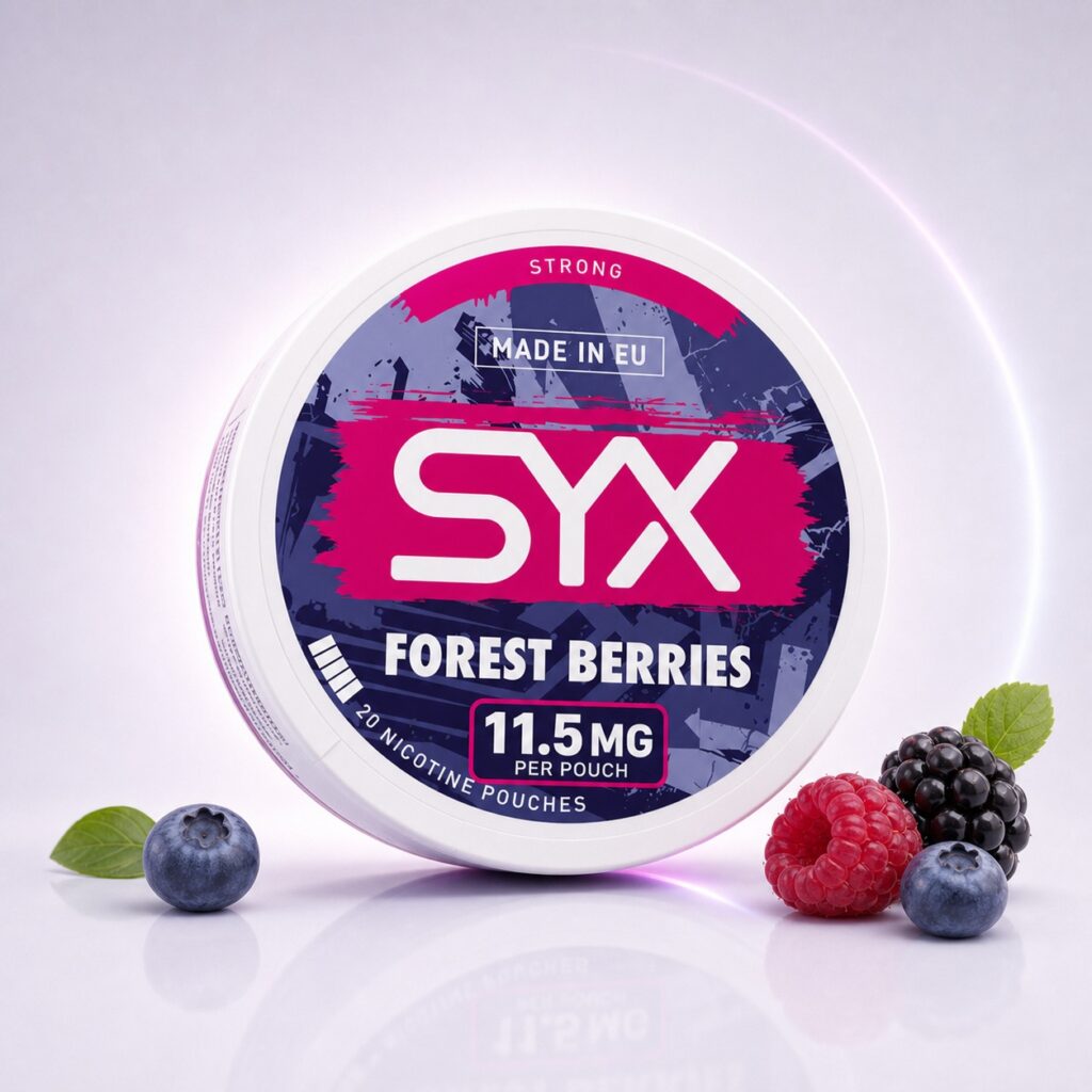 SYX Forest Fruit 11.5mg Nicotine Pouches — 11.5mg nicotine per pouch, slim format, 20 pouches