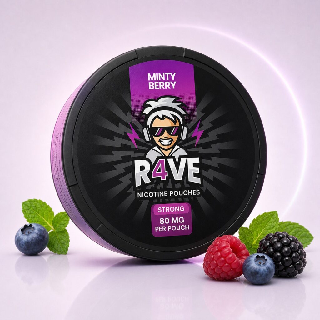 Rave Minty Berry 80mg Nicotine Pouches — 80mg nicotine per pouch, slim format, 21 pouches