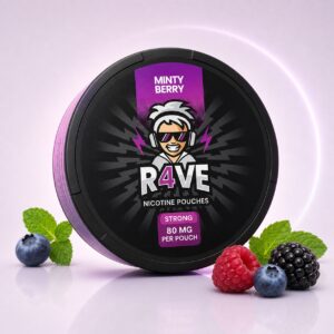 Rave Minty Berry 80mg Nicotine Pouches — 80mg nicotine per pouch, slim format, 21 pouches