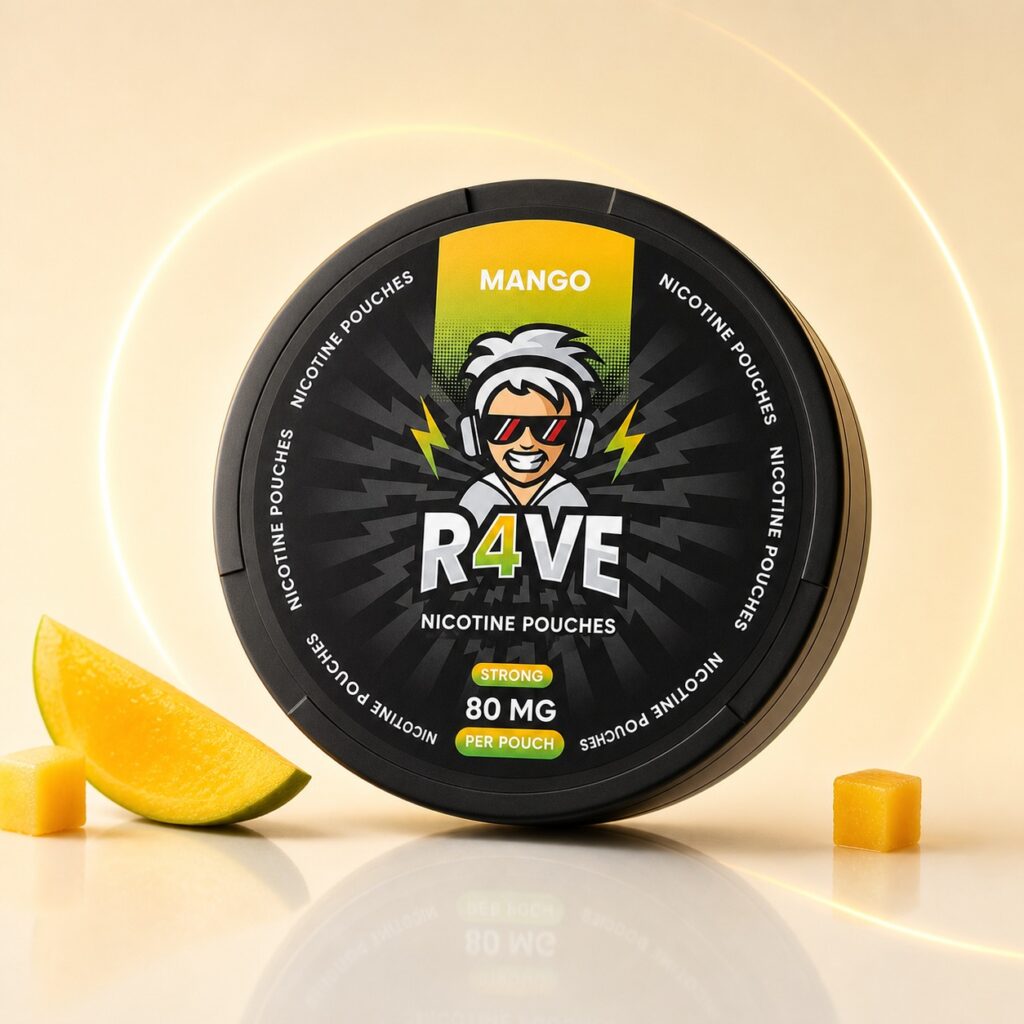Rave Mango Django 80mg Nicotine Pouches — 80mg nicotine per pouch, slim format, 21 pouches