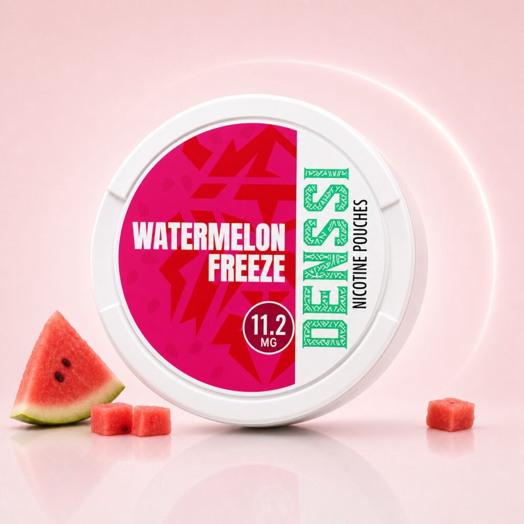 Denssi Watermelon Freeze 11.2mg Nicotine Pouches — 11.2mg nicotine per pouch, slim format, 20 pouches