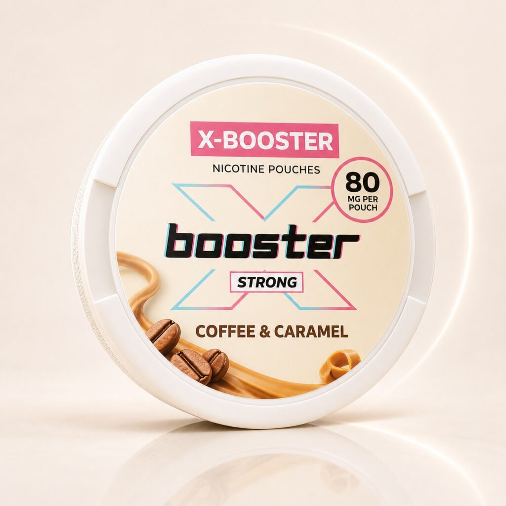 X-Booster Coffee & Caramel 80mg Nicotine Pouches — 80mg nicotine per pouch, slim format, 20 pouches